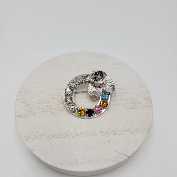 Sterling Silver Multi Color Rhinestone Wreath Brooch Pin Set Mother’s Day Gift - Picture 11 of 12